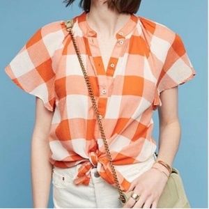Anthro Maeve Orange and White Checkered Blouse